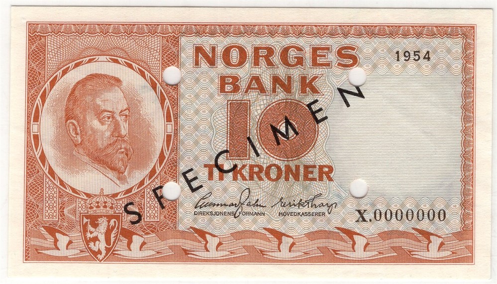 10 kroner 1954 X.0000000. Speciemen. Gradert til 65 EPQ hos PMG SSS-seddel. Kv.0