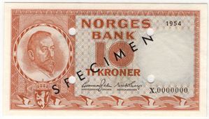 10 kroner 1954 X.0000000. Speciemen. Gradert til 65 EPQ hos PMG SSS-seddel. Kv.0