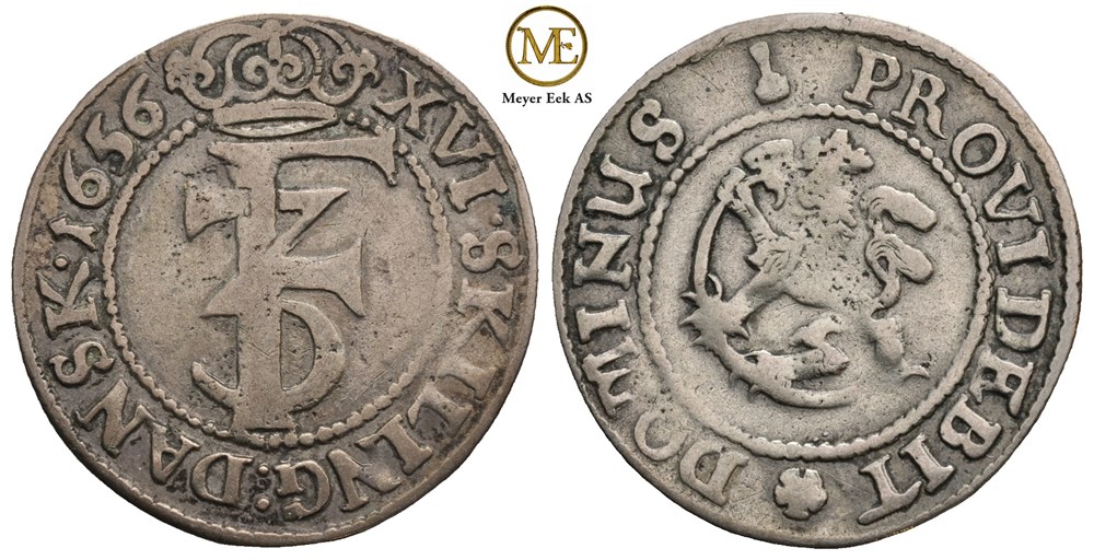 1 mark/16 skilling 1656 Frederik III. Kv.1/1+