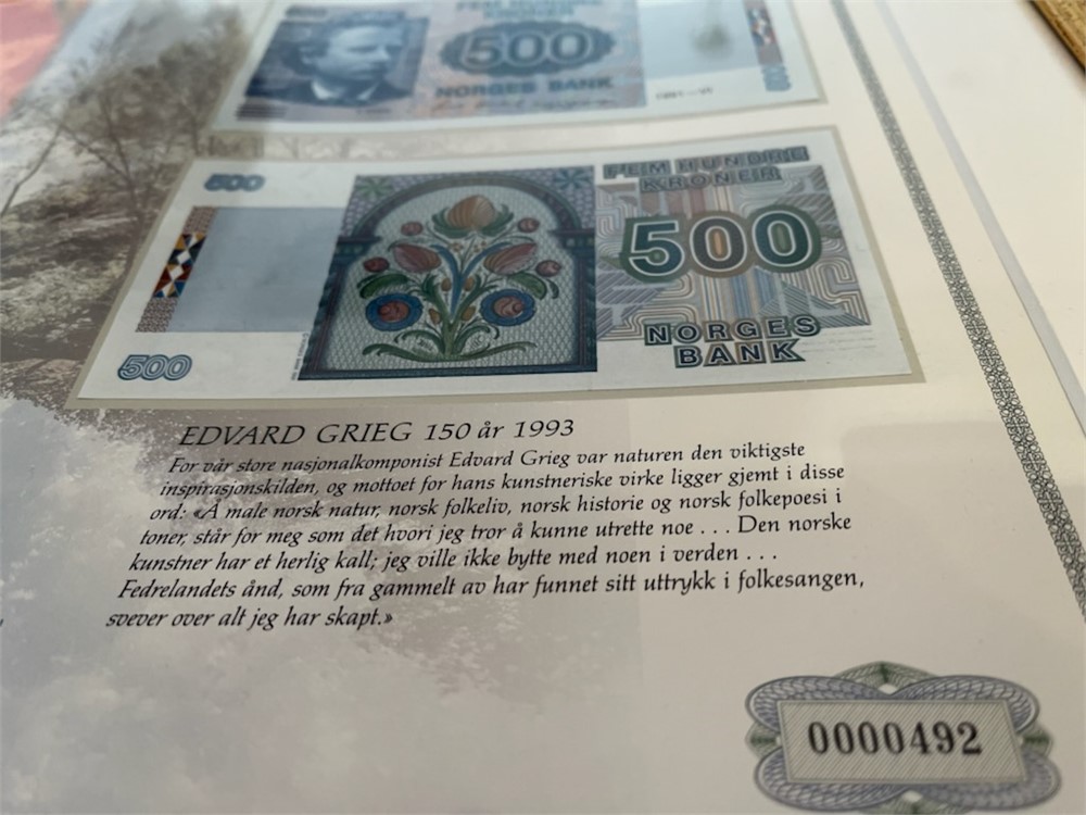 500 kr seddel 1991 x 2 stk montert i ramme.
