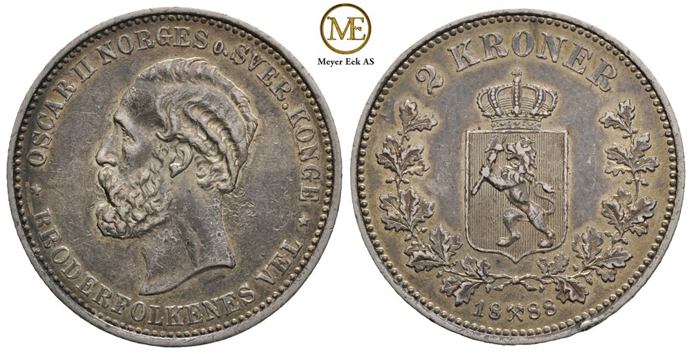 2 kroner 1888 Oscar II. Kv.1+/01