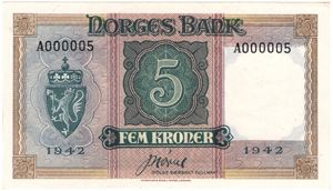 5 kroner 1942 London. A.000005. Kv.  Svært sjelden. Kv.0