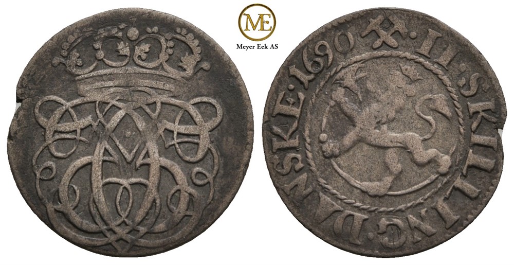 2 skilling 1690 Christian V. NMD.233. Kv.1/1+