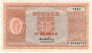 10 kroner 1951 P.9544079. Kv.0/01