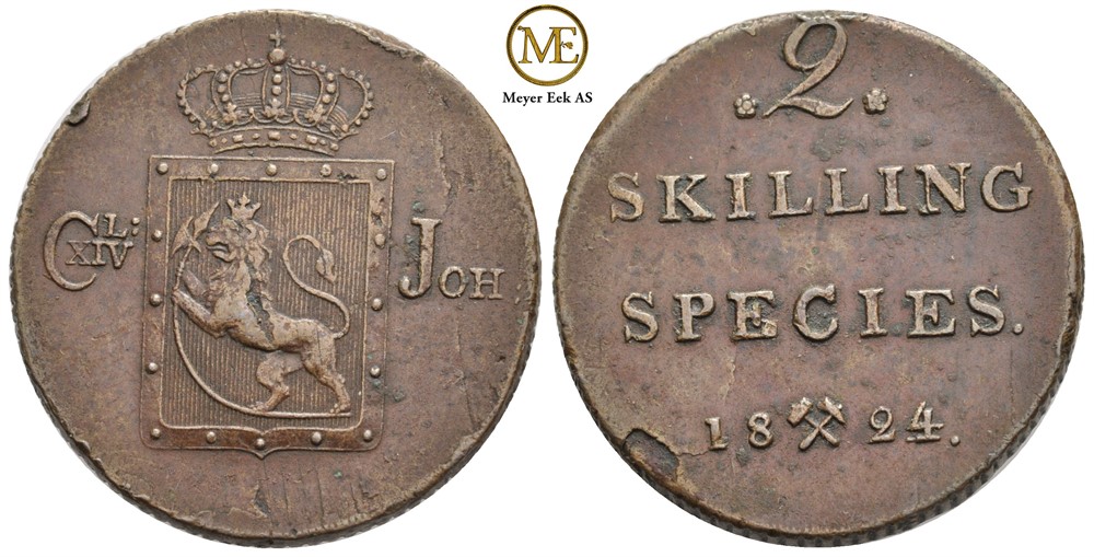 2 skilling 1824 Carl XIV Johan. Kv.1+/01