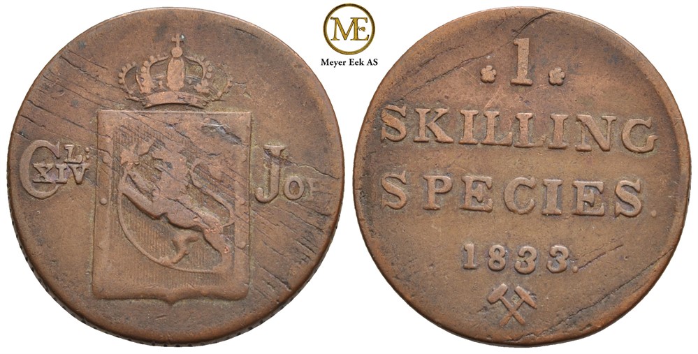 Skilling 1833 Carl XIV Johan. NM.66. Kv.1