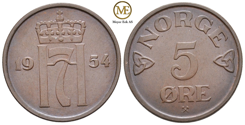 Prøvemynt 5 øre 1954 Haakon VII. Kv.0