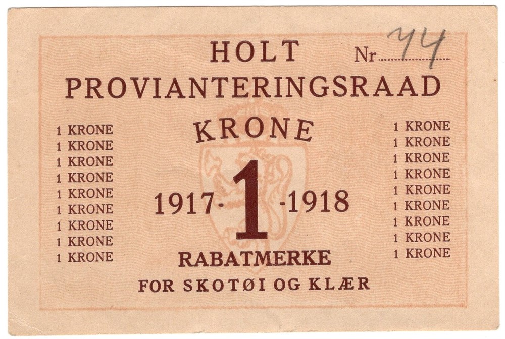 Rabattmerke Holt provianteringsraad. 1 krone 1917-1918. Kv.0/01