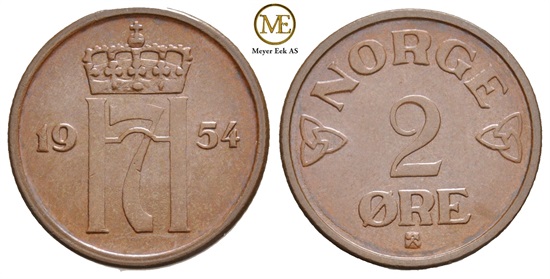 2 øre 1954 Haakon VII. Kv.0