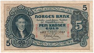 5 kroner 1937 P.0611159. Kv.01