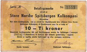 10 kroner 1941/42 Serie Æ. SN Spitsbergen Kulkompani. RRR-seddel. Kv.1/1+