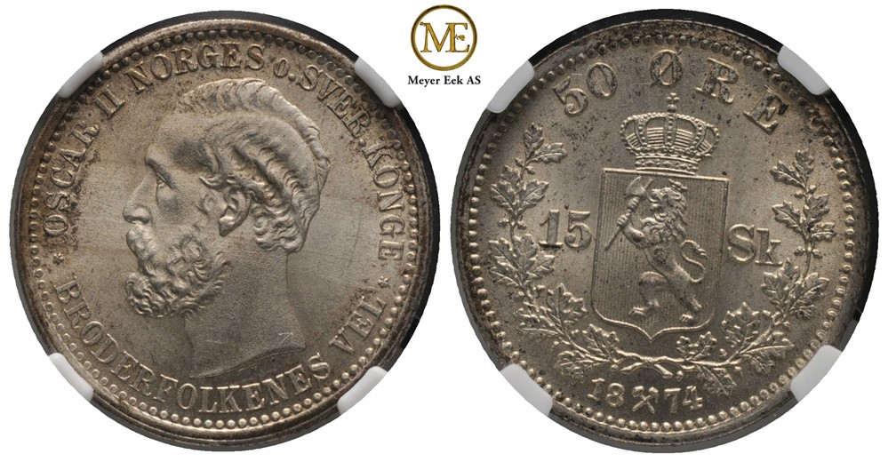 50 øre/15 skilling 1874 Oscar II. NGC MS65. Praktfullt eksemplar. Kv.0