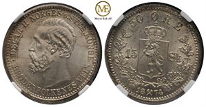 50 øre/15 skilling 1874 Oscar II. NGC MS65. Praktfullt eksemplar. Kv.0