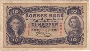 10 kroner 1939 Y.9405605. Kv.1+