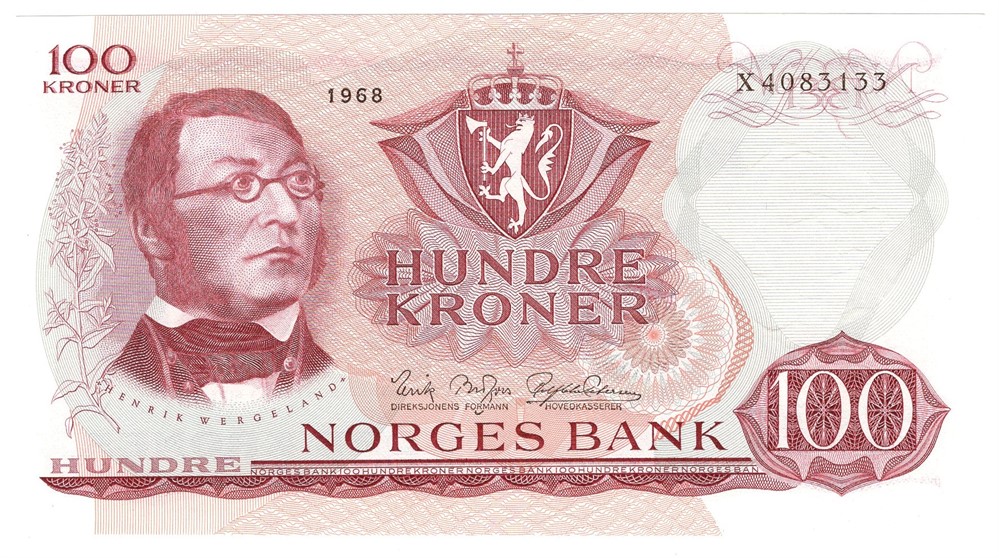 100 kroner 1968 X.4083133. Erstatningsseddel. Kv.0