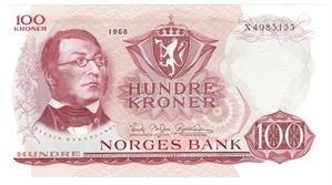 100 kroner 1968 X.4083133. Erstatningsseddel. Kv.0
