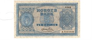 5 kroner 1945 A.7345649. Kv.0