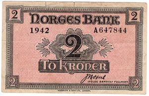 2 kroner 1942 A.647844. London utg. Kv.1