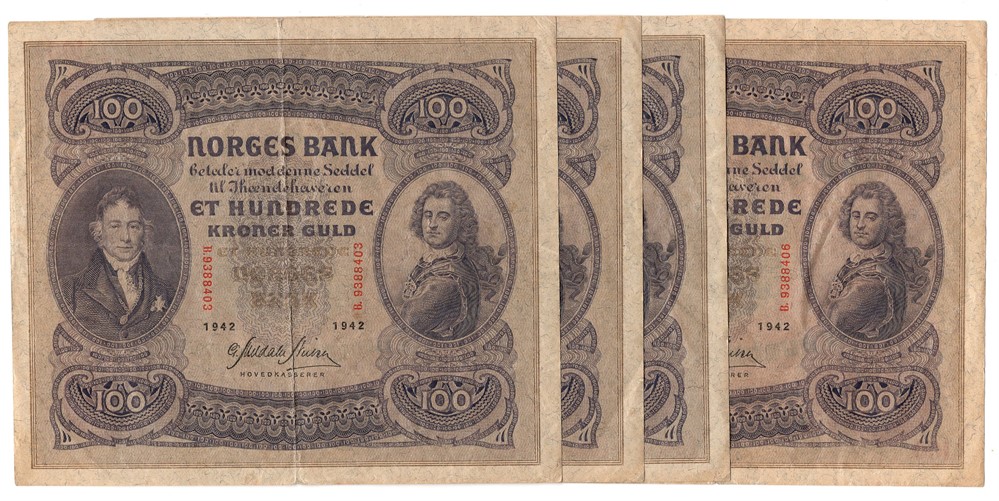 100 kroner 1942 B.  4 stk. i serie. Kv.1/1+