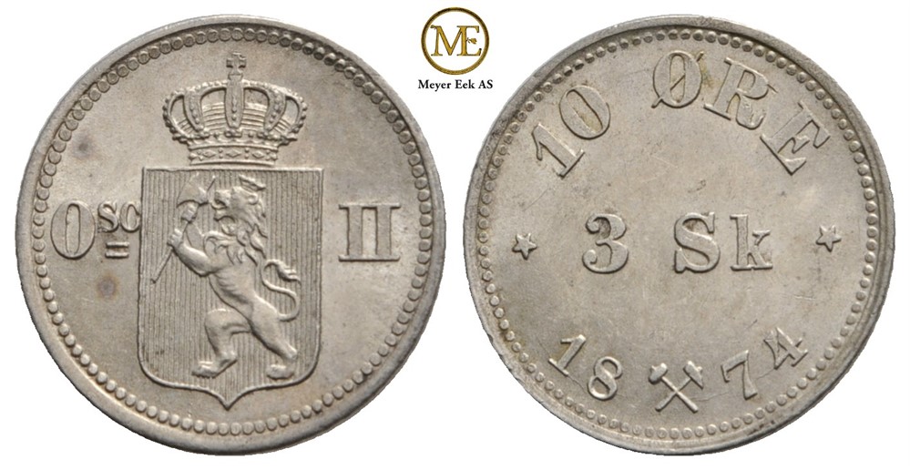 10 øre/3 skilling 1874 Oscar II. Kv.0