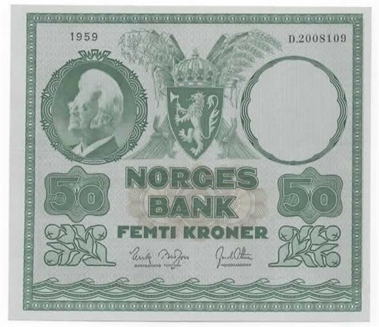 Norge 50 kroner 1959 D kv. 1+/01