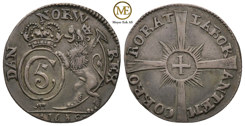 8 skilling 1685 Christian V. Kv.1+