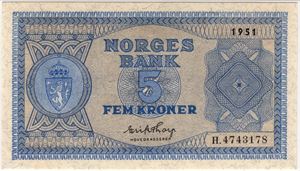 5 kroner 1951 H.4743178. 64 UNC