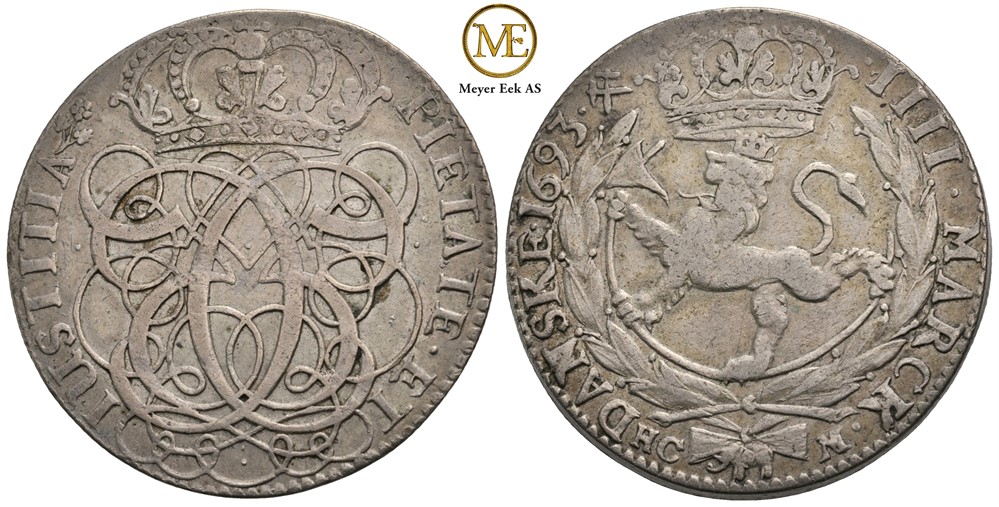 4 mark 1693 Christian V. Kongsberg. Kv.1+
