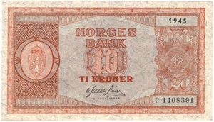 10 kroner 1945 C.1408391. Kv.0