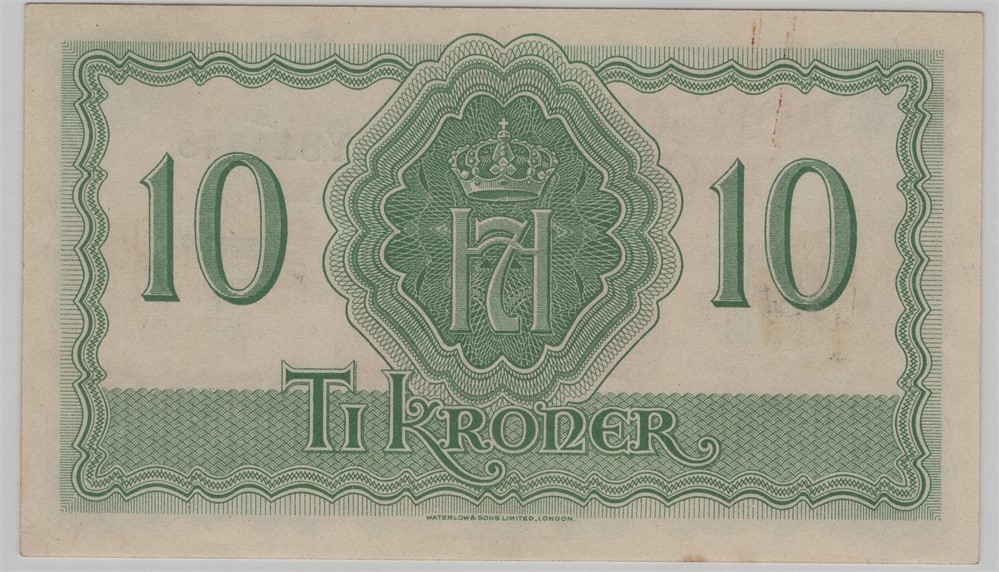 10 kroner 1944 Y.814445 London utg. Kv.0/01