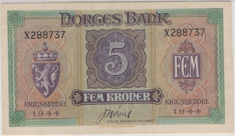 5 kroner 1944 X.288737. Kv.01