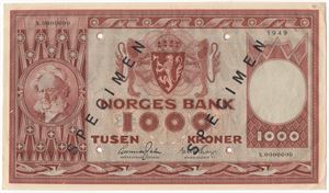 1000 kroner 1949 X.0000000. Specimen. Kv.0/01