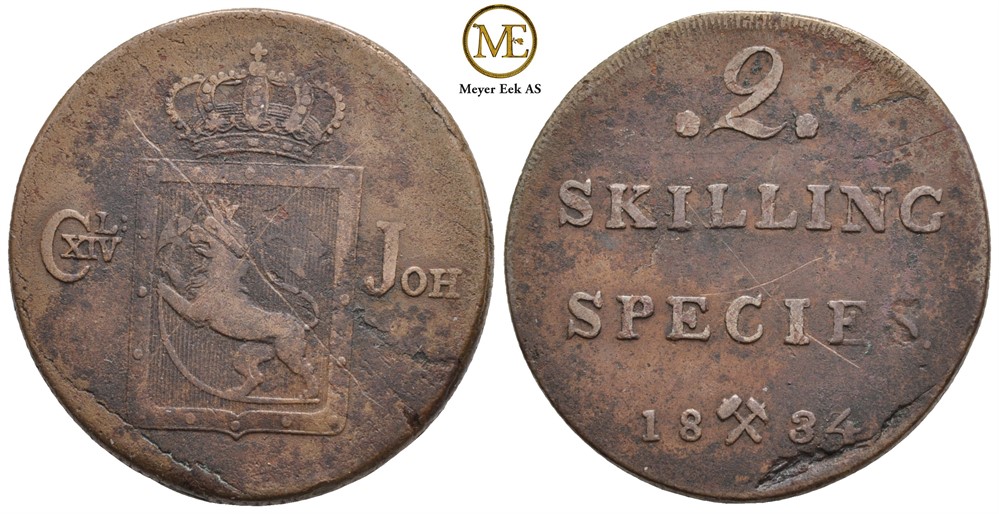 2 skilling 1834 Carl XIV Johan. Kv.1/1+