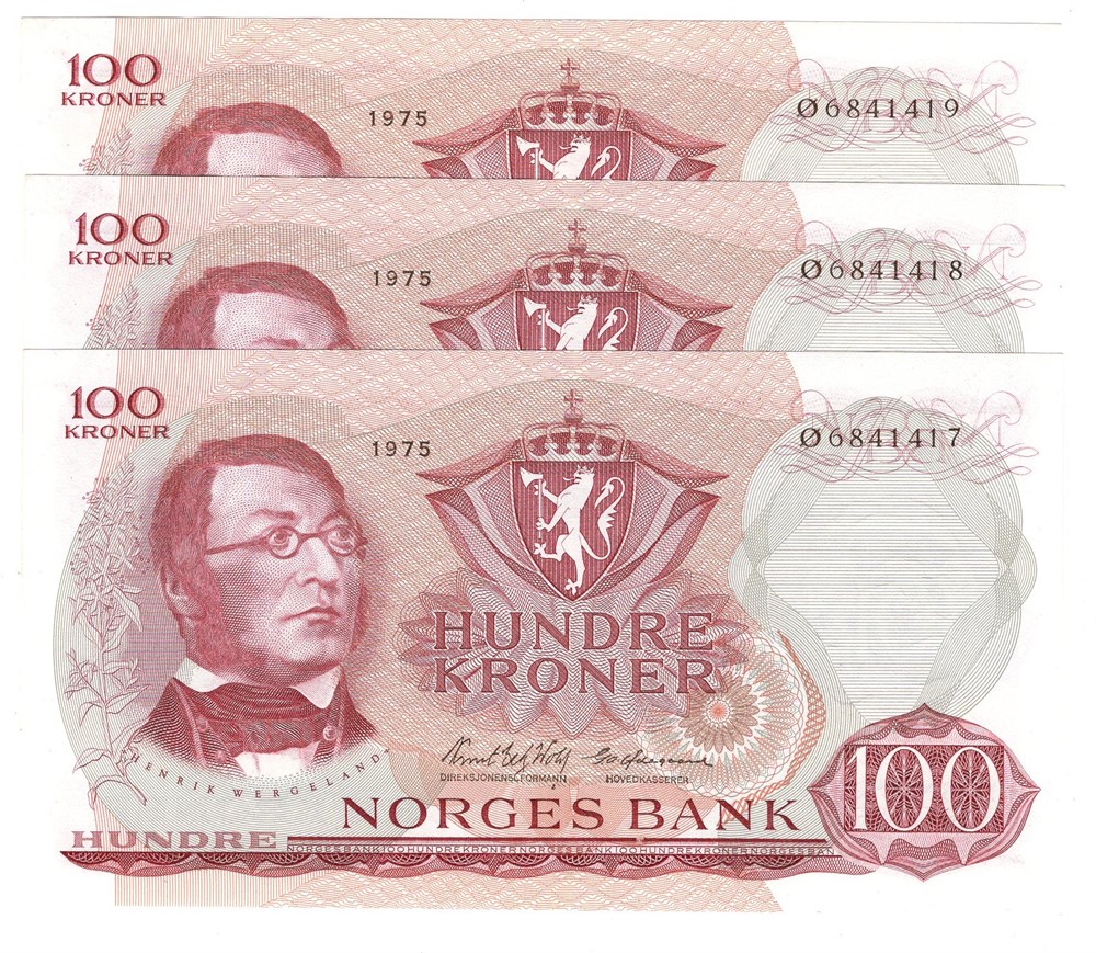 100 kroner 1975 Ø.6841417-19 i serie. Kv.0/01