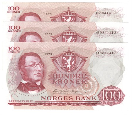 100 kroner 1975 Ø.6841417-19 i serie. Kv.0/01