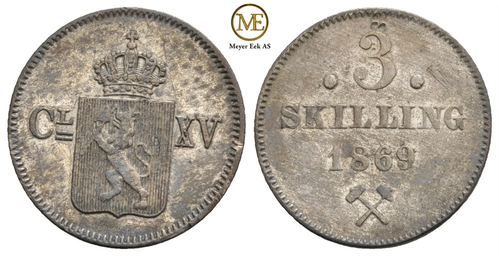 3 skilling 1869 Carl XV. NM.19a. Kv.1+/01