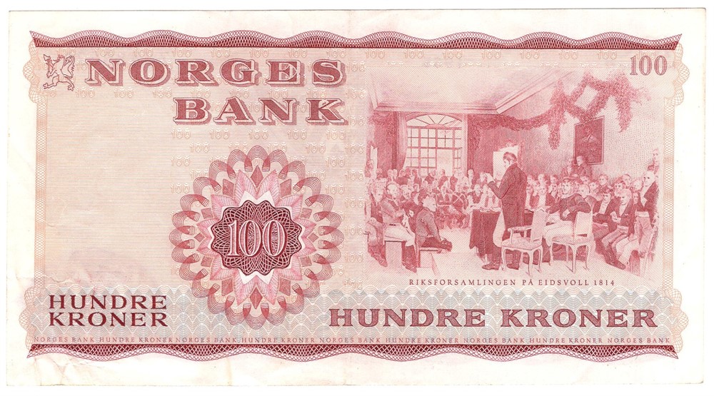 100 kroner 1965 Z.0489627. Erstatningsseddel. SS-seddel. Kv.1/1+
