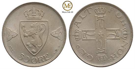 50 øre 1922 u/hull. Haakon VII. Kv.0