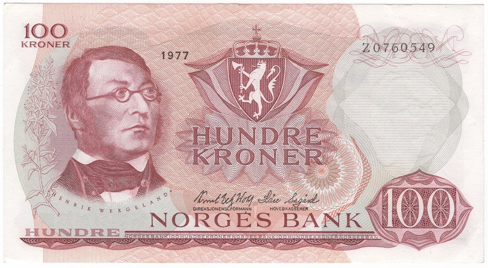 100 kroner 1977 Z.0760549 erstatningsseddel. Kv.01