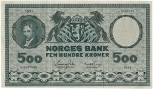 500 kroner 1951 A.0457888. Kv.1/1+