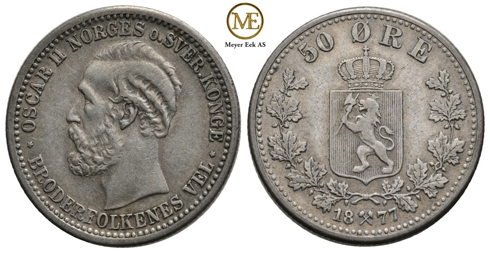 50 øre 1877 Oscar II Kv.1+