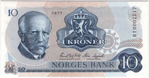 10 kroner 1977 HT. Erstatningsseddel. 65 EPQ. Kv.0