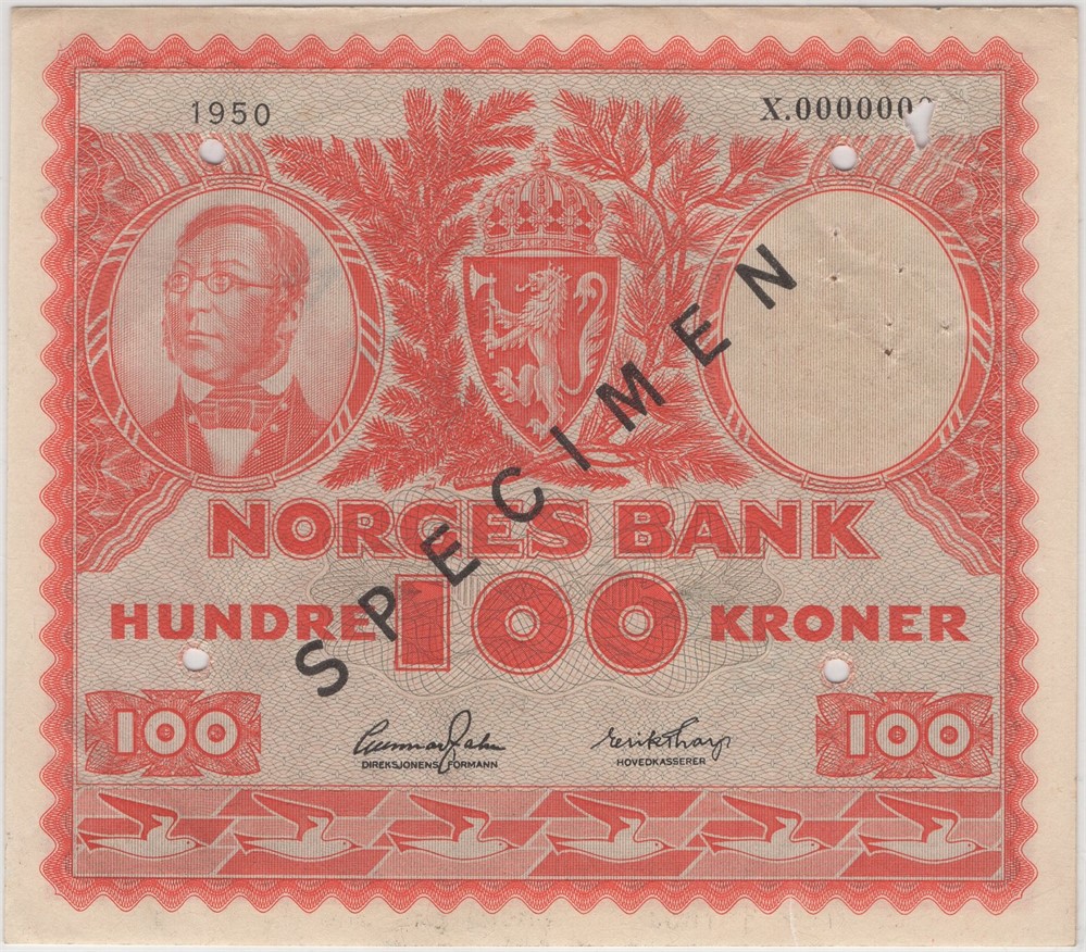 100 kroner 1950 X.0000000 Specimen. Kv.01