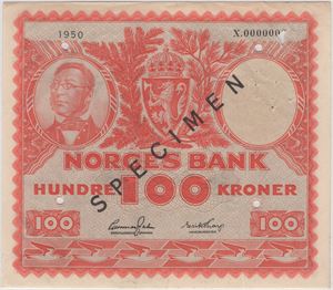 100 kroner 1950 X.0000000 Specimen. Kv.01