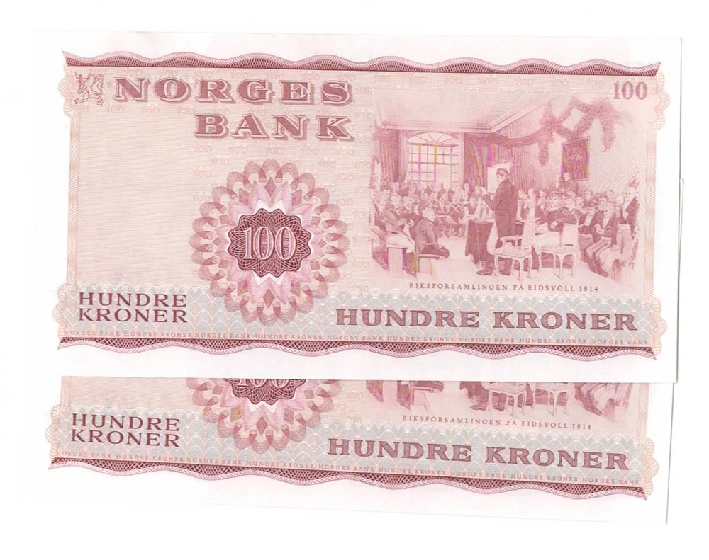 Norge 100 kroner 1977 G 2 stk. i serie kv. 0