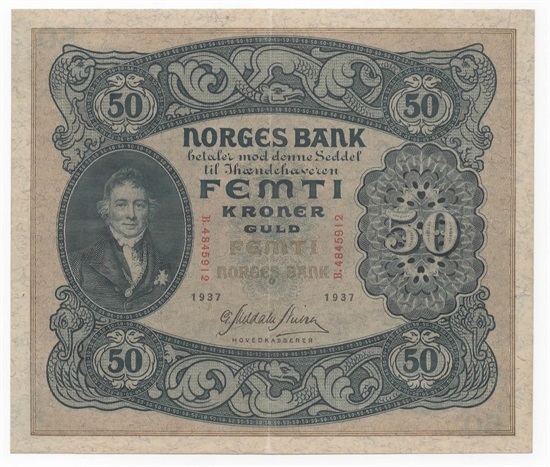 Norge 50 kroner 1937 B kv.1+