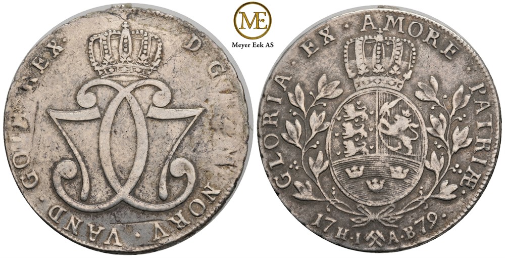 Speciedaler 1779 Christian VII. Mynten har vært montert. NMD.7. Kv.1/1+