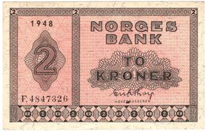 2 kroner 1948 F.4847326. Kv.0/01