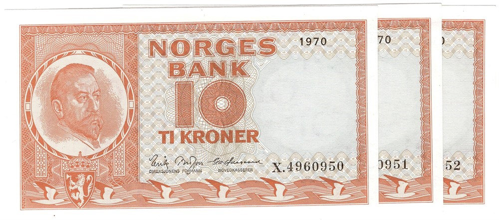 10 kroner 1970 X.4960950-52 erstatnigssedler i serie. Kv.0