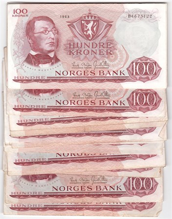 Lot. 100 kroner 1963 A og B. 34 stk. VK
